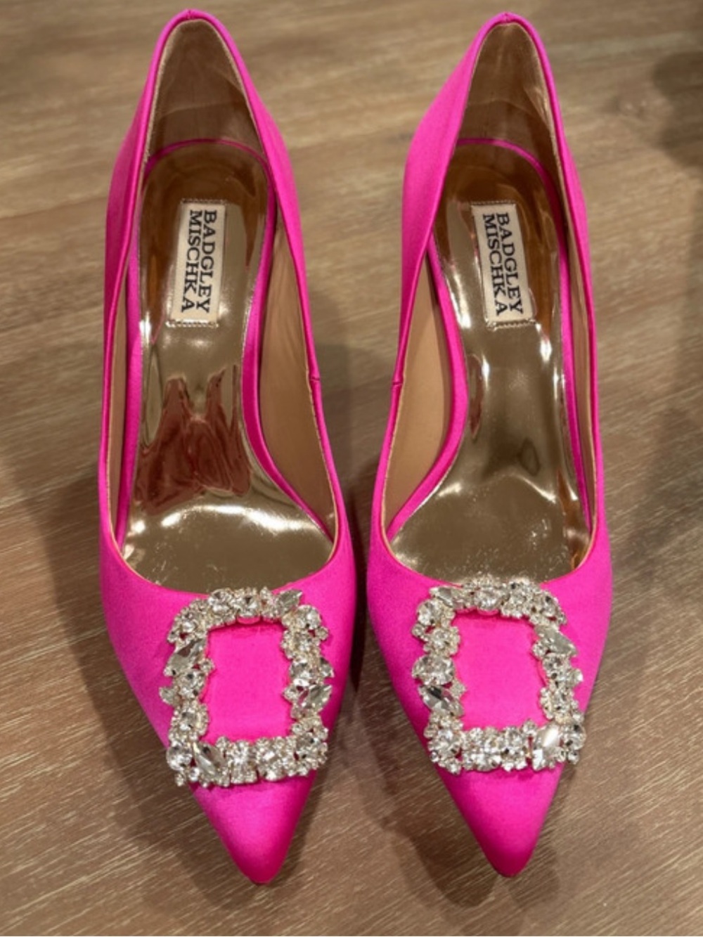 Badgley Mischka Hot Pink Satin Pointed Toe Pumps with Crystal Buckles - Picture 2 of 8